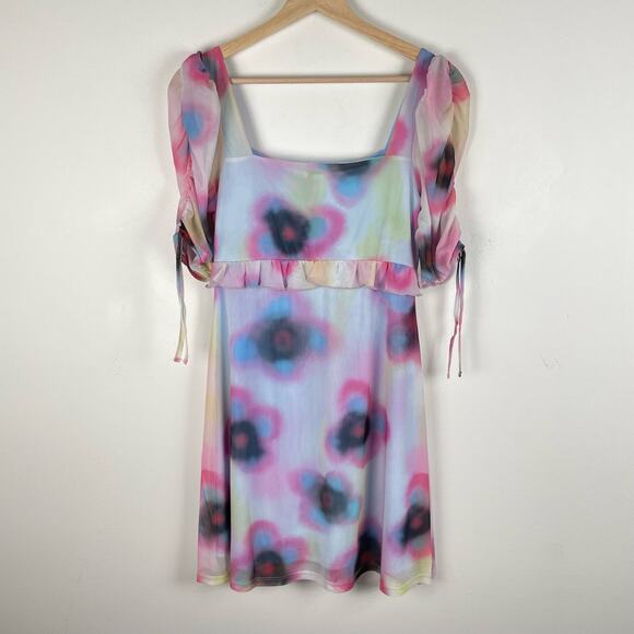 Topshop Spray Paint Floral Mini Tea Dress in Blue Purple Multi Size Medium 8-10 - Picture 3 of 8